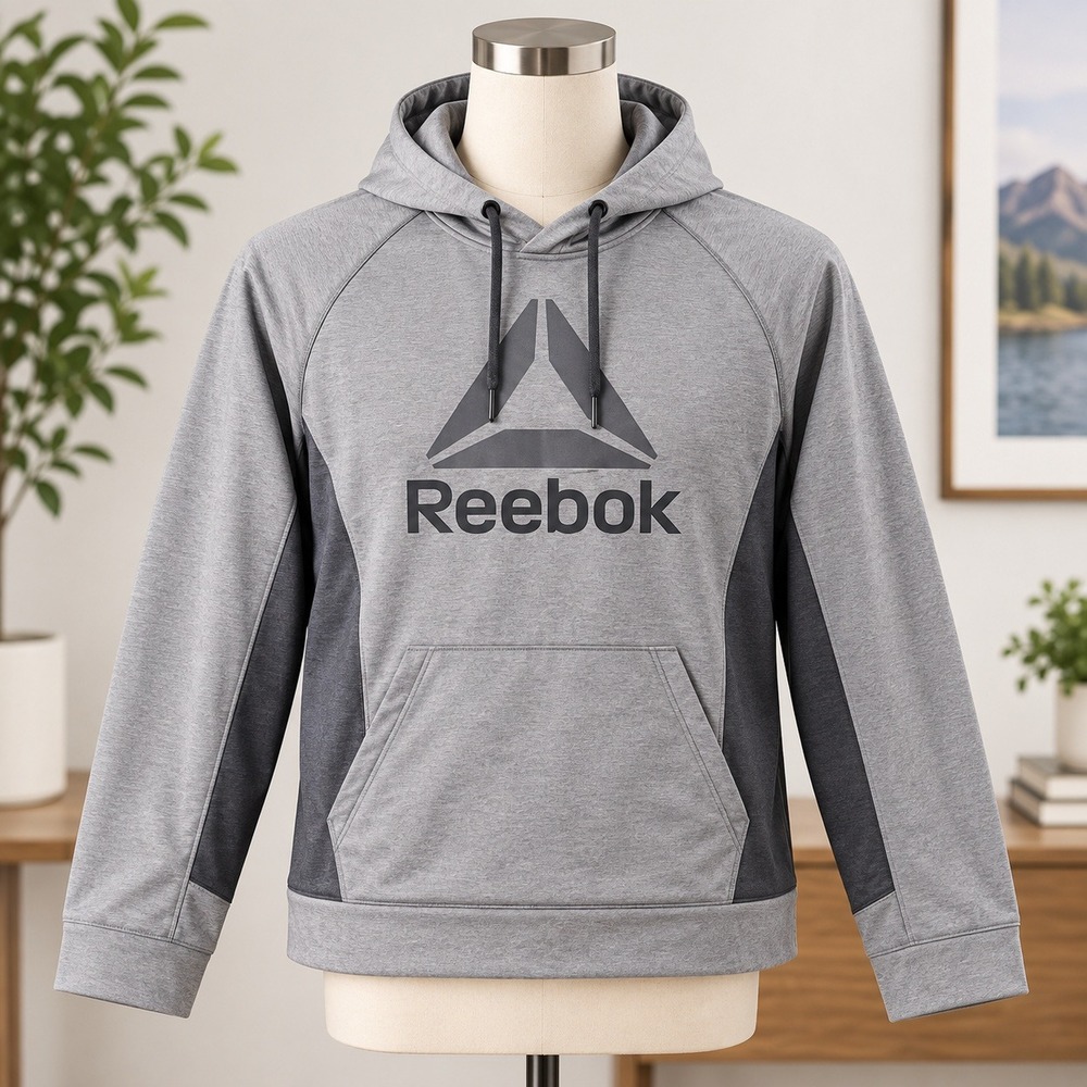 Reebok Hoodie Sweatshirt Mens XL Gray Black Graphic Logo Activewear Pullover
